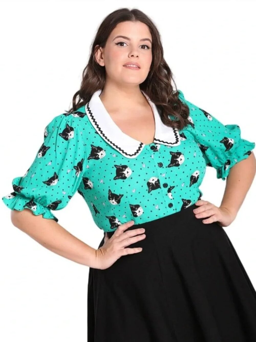 Hell Bunny Love Cats Blouse Kitty Retro Pinup Puff Sleeve Top Womens Size 2XL